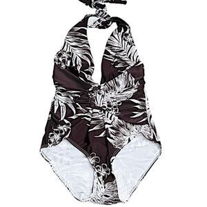 Tommy Bahama Shirred Plunge Halter One Piece Swimsuit in Barolo Brown NWT Size 8